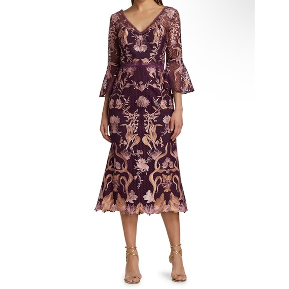 Marchesa Notte Flutter Sleeve V-Neck Embroidered Guipure Lace Midi Dress Size 10 - Picture 3 of 13